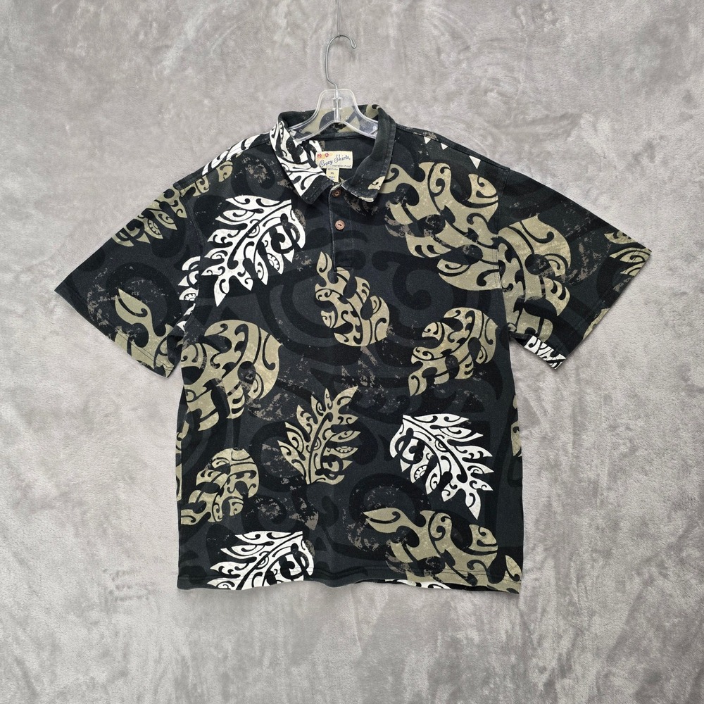 Vintage Crazy Shirts Hawaiian Polo Mens XL Black Tribal Leaf Cotton Summer Aloha